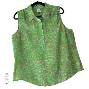 CABI | NWOT SHINE TOP COLLAR SLEEVELESS 3/4 BUTTON TEXTURED GREEN CHECK | LARGE